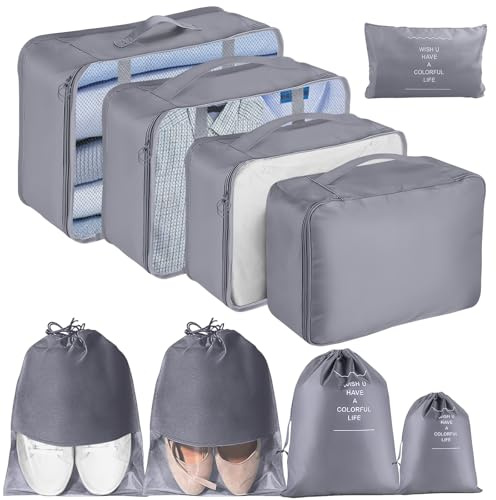 Packing Cubes for Suitcases, MOFELON 9 PCS Packing Cubes for Backpack, Waterproof Luggage Suitcase Organiser Bags, Travel Essentials Bag for Clothes Shoes,Travel Accessories -GREY