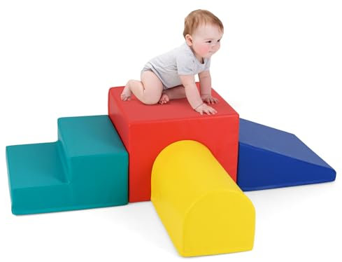 GOPLUS Juego de Actividad para Escalar y Gatear Niños, Set de 4 Piezas de Bloques de Escalada de Espuma con Cubierta de PU Impermeable, Espuma EPE de Alta Densidad (Rojo Y Amarillo)