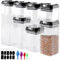MUKSEUT 7 Pack Airtight Food Storage Container, Cereal Storage Jar with Lid, Plastic Kitchen Storage Containers with Tags and Measuring Spoons for Tea, Sugar, Coffee, Pasta