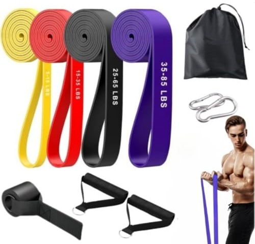 Gomas Elásticas Musculación – Set 4 Cintas Elásticas con Asas, Anclaje y Bolsa – Bandas de Resistencia para Ejercicio en Casa, Gimnasio u Oficina – Fitness Portátil y Versátil