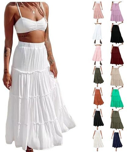 YCBMINGCAN Jupe longue d'été pour femme avec cordon de serrage, jupe de plage froncée, taille haute, jupe maxi légère et fluide en ligne A, jupe de vacances décontractée, jupe de loisirs confortable.