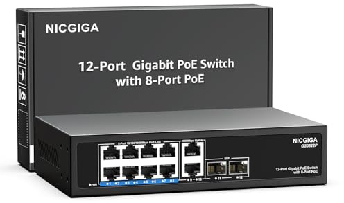 12 porte Gigabit PoE Switch non gestito con 8 porte IEEE802.3af/at PoE+ a 120 W, 2 uplink da 1000 Mbps + 2 SFP da 1G, switch di rete Power Over Ethernet NICGIGA a 8 porte.
