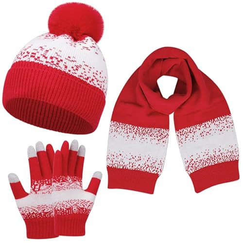 Yanmucy Mössa halsduk och handskar set damer vinter mössa stickad hatt lång halsduk pekskärm handskar set för kvinnor pom pom tofs mössa vinter kallt väder set utomhus skidåkning, Röd, one size