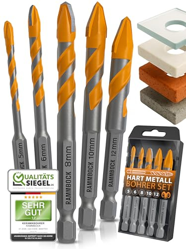 RAMMBOCK® Keramikbohrer Set (5 Stück) - Ideal für Keramik, Feinsteinzeug, Fliesen & Mehr I Karbid-Bohrer für präzises Bohren I Fliesenbohrer in 5mm, 6mm, 8mm, 10mm, 12mm I Feinsteinzeug Bohrer