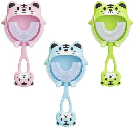 LAKPYN 3 Pezzi Spazzolino Manuale Denti Bambini, a Forma di U, 360 Gradi per la Pulizia Orale, a Bocca Intera con Testina in Silicone Morbidospazzolino bambini (3-6 Anni)