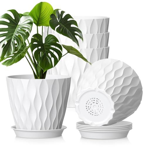 WSMKSZ 20 cm Blumentöpfe, 5er Set Dick Kunststoff Pflanztöpfe mit Untersetzer und Abflusslöchern, 3D-Wellentextur Übertopf für Monstera, Geranie & Innen Außen Pflanzen, Weiß