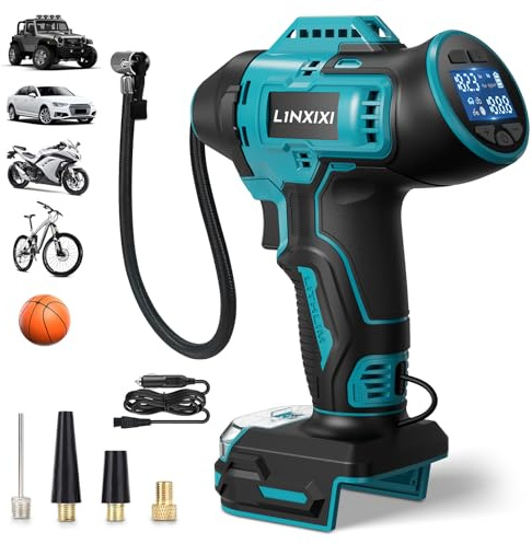 L1NXIXI Däckuppblåsare, bärbar luftkompressor för Ma-Kita 18 V batteri 160 PSI trådlös bärbar batteridriven luftpump med digital tryckmätare för bil, motorcyklar, cykelboll (inget batteri)