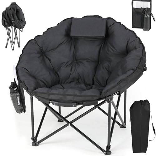 Clevich Folding Moon Chair, Camping Chair with Cotton Padded Seat, Headrest, Portable Garden Chair, Supports 150kg, for Camping Fishing Beach Outdoor (1, Black)