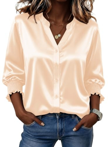 Lomon Satin Button Down Shirts for Women 3/4 Length Sleeve Blouse Business Casual Work Tops