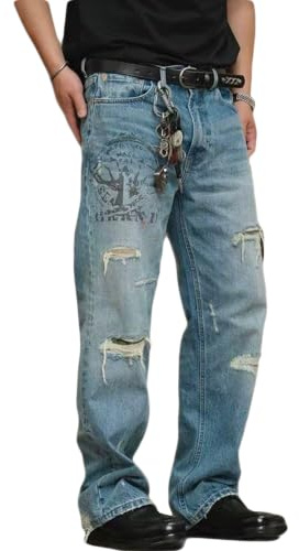 Legou herrbyxor rippade slitna förstörda jeans | Bomull, tvättad, tryckt, rak, avslappnad passform, streetwear, vardagliga herrbyxor