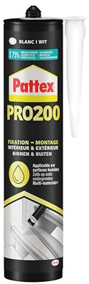 PATTEX Colle Fixation PRO200, mastic de fixation polymère à très fort maintien immédiat, intérieur et extérieur, coloris blanc , cartouche 480 g