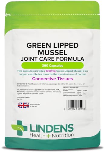 Lindens - Green Lipped Mussel 360 Capsules - with Copper, 1000mg Daily Intake, UK Made - Connective Tissues, Joint Care Formula - Rapid Release - Letterbox Friendly