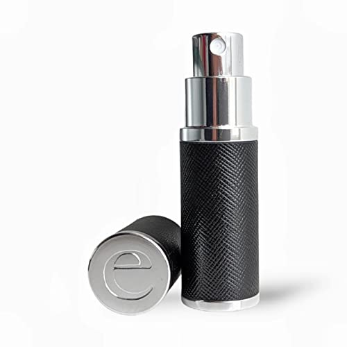 The Essential Atomizer Co. Saffiano Black Leather Perfume Refillable Travel Atomiser - Boxed (BLACK with Silver Metal)