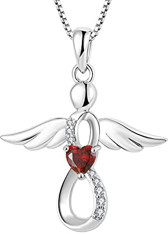 FJ Collier pour Femme Collier Ange Gardien Argent Sterling 925 Pendentif Infini Collier Pierre de Naissance Janvier Grenat Cadeaux de Bijoux pour Femme Fille