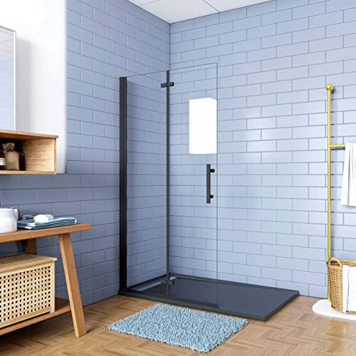 Walk in Parete Doccia Movibile 2 Pannelli Pieghevoli a Libro 95x190 cm in Vetro 5 mm Trasparente Temperato Anticalcare Telaio Nero Opaco