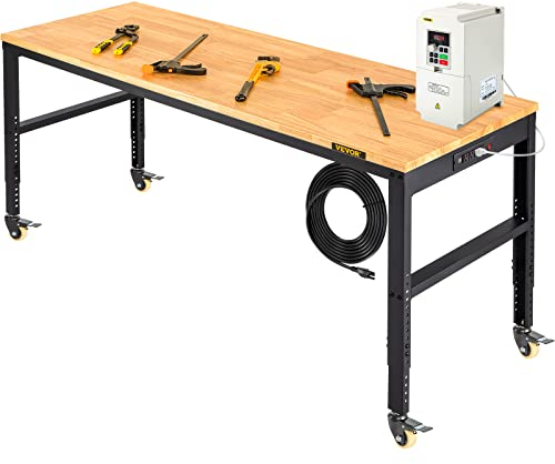 VEVOR verstellbare Werkbank, Werkbank mit Steckdose, Rädern und Stecktafel, robuster Arbeitstisch mit Eichenholzplatte für Garage, Werkstatt, Büro und Zuhause 155 x 51cm