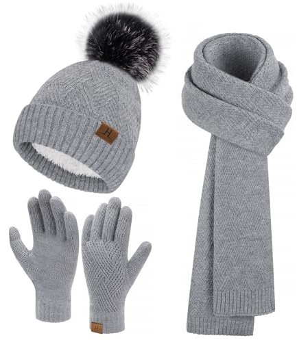 Bequemer Laden Donna Invernali Cappello Berretto con PON PON Lunga Sciarpa Sciarpe Touch Screen Guanti Set con Fodera in Pile, Regalo Donna