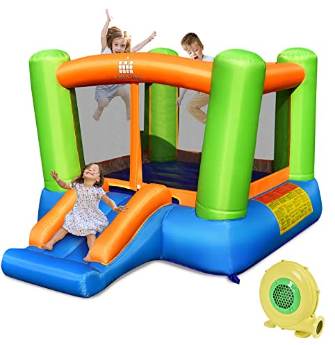 COSTWAY Hüpfburg mit Gebläse, kleine Springburg mit großem Sprungbereich und Rutsche, für 2 bis 3 Kinder, inkl. Tragetasche, Reparaturset, Heringen, 250 x 197 x 143 cm