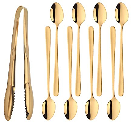 YDware Latte Macchiato Set di cucchiai da long drink, 8 pezzi e pinza per ghiaccio, 1 pezzo, 20 cm, cucchiaio lungo per cocktail e dessert, in acciaio inox 304, lavabile in lavastoviglie