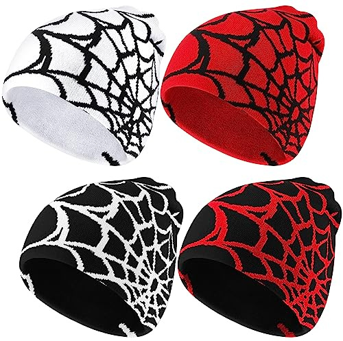 Jeyiour 4 Pcs Y2k Beanies Spider Web Pattern Beanie Gothic Acrylic Knitted Hat Casual Streetwear Outdoor for Men Women(Classic Color,Knitted)
