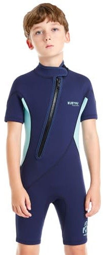 SXSHUN Neoprenanzug Kinder Jungen Mädchen 1.5/2MM Einteiler Neoprenanzug UV Sonnenschutz Tauchanzug Kurzärmeliger Schwimmanzug Neopren Shorty Wetsuit, Blau, 12/139-147CM/34-41KG