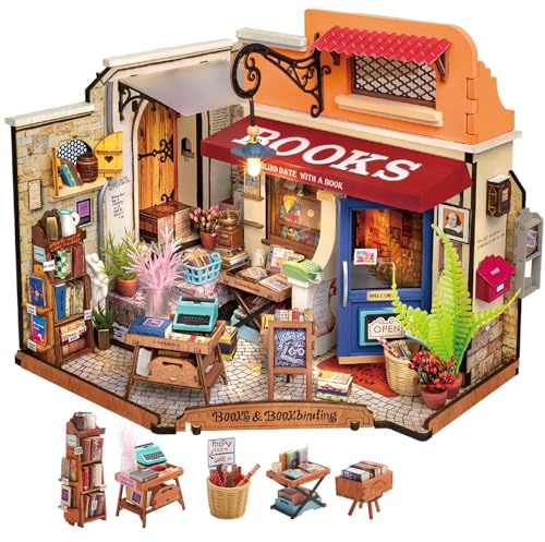 Rolife DIY Miniature House Kit 1:20 Scale Bookstore, Build Mini House Building Kit with LED Lights Craft Kits for Aduls Gifts for Him Her