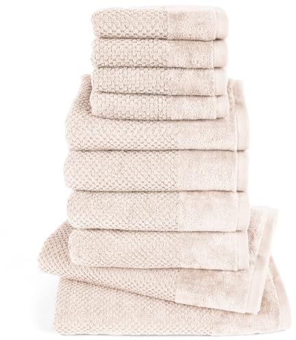 Pure Label 10-TLG. Handtücher Set mit Aufhängeschlaufen aus 100% Baumwolle, saugstark und weich - 2X Badetuch (70x140 cm) 4X Handtuch (50x100cm) 4X Gästetuch (30x50 cm), Creme