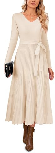Arach&Cloz Robes Femme Longues Automne Tricotée Robe à Manches Longue Elégante Plissée Col V Jupe Midi Souple Hiver