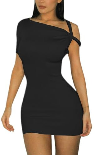 AOWVUTS Damen Sexy Kleid Bodycon Ohne Ärmel Minikleid Schulterfrei Partykleid One Shoulder Slim Fit Party Club Kurze Kleid Elegant Cocktailkleid Sommerkleid Freizeitkleid Lässiges Clubkleid