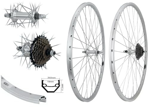 AGGRO-X 28 Zoll Laufradsatz Alu Vorderrad Hinterrad 19-622 Silber V-Brake Felgenbremse inkl. 7 Fach Zahnkranz 21 Gang