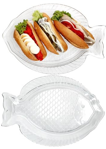 MamboCat 2er Set Oslo Fischplatte L I (LxB) 35x24cm I Servierplatte aus Glas mit Fisch-Relief für Fisch, Meeresfrüchte, Salate, Snacks & Co.