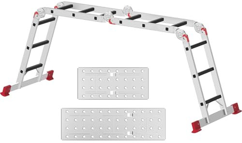 AMHANCIBLE Escalera Multiusos, Escalera Aluminio, 4 x 3 Peldaños, Plegable, para Pintar, Techos, Jardín, hasta 150 kg, 3,4m, Diseño 6 en, Certificado TÜV/GS, Rojo EBAL01RD