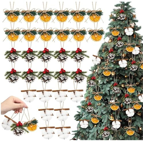 24 Pcs Christmas Tree Hanging Decoration Natural Rustic Ornaments with Strings Dried Orange Slices Pine Cones and Cotton Balls for DIY Wreaths, Garlands, Christmas Tree Decoration