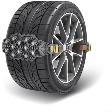 Lot de 4 chaînes à neige pour pneus de voiture avec clous en acier antidérapants et boucle réglable pour une traction sûre sur les routes glacées et les terrains de montagne (noir)