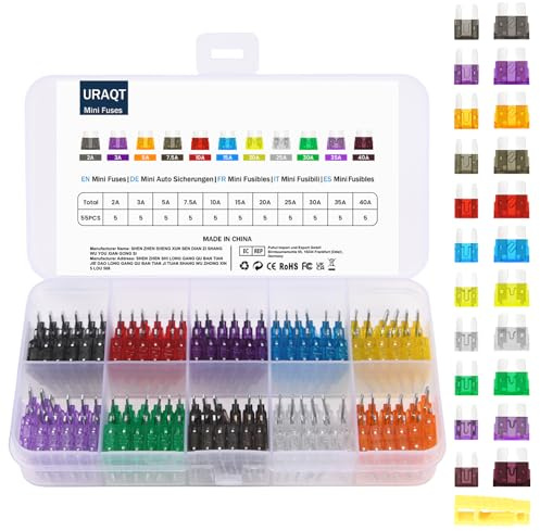 URAQT Kit de Fusibles de Coche, 55 Pcs, con Extractor de Fusibles para Coche, Caravanas, Furgoneta, Moto, Barcos (2A 3A 5A 7.5A 10A 15A 20A 25A 30A 35A 40A)