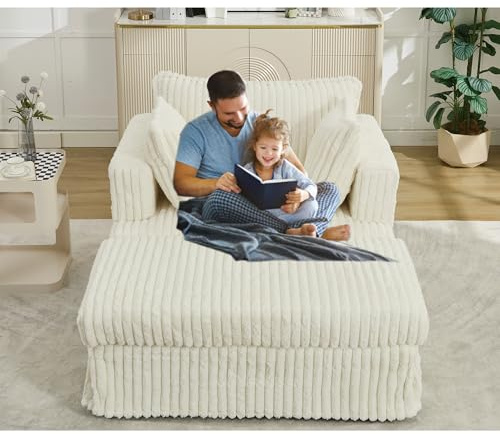 47.7'' Oversized Corduroy Chaise Longue with Ottoman, Deep Seat Reclining Chair Sofa, Comfy Thicked Upholstered Pad Chair,with Foot Stool,Oversize, Movable Ottoman, Beige