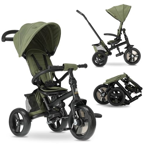 Deryan Tricycle Bébé Explorer de 9 Mois à 25 kg, Draisienne Évolutif, Velo Poussette, Trike Bebe, Facile À Plier, Pliable, Capote dépliable avec Pare-Soleil, Siège Réversible, Rangement, Vert