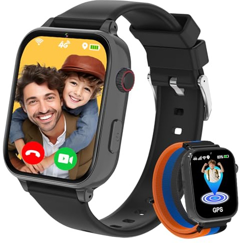 4G Smartwatch Kinder mit GPS, Kinderuhr mit 4G Videoanruf Voice Chat Schulmodus WiFi SOS Spiele Wecker Schrittzähler Taschenrechner, Uhr für Mädchen Jungen 4-12 Jahren Geschenk (Schwarz Blau-A)
