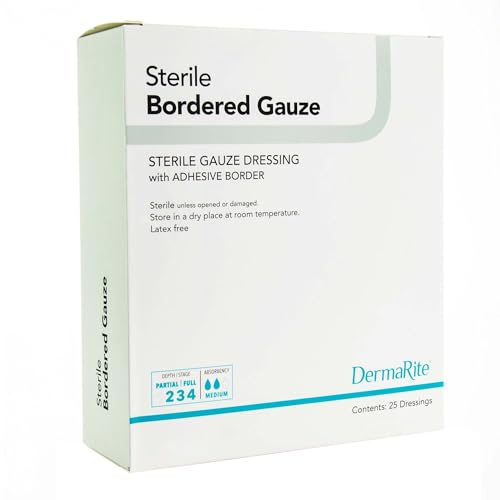 DermaRite's Sterile Bordered Gauze Dressing with Adhesive Border - Flexible Non-Linting Material, First-Aid, Individually Packaged - 4 in. x 5 in., 1 Count, 25 Packs, 25 Total
