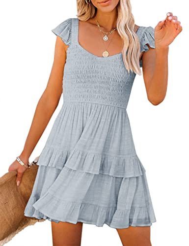 Fessceruna Womens Summer Ruffle Dresses Elastic Empire Waist A-line Layered Swing Flowy Mini Dress A-Blue