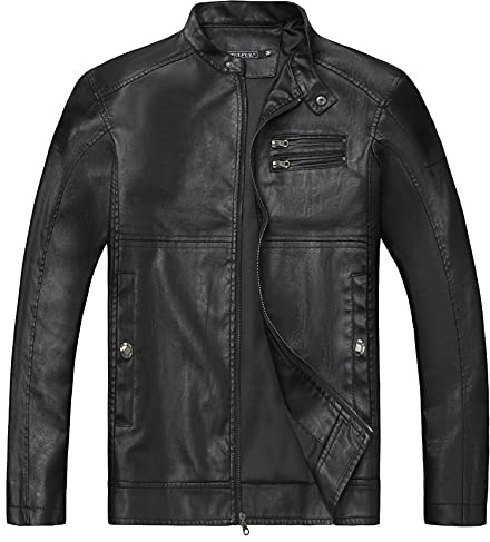 WULFUL Men's Stand Collar Leather Jacket Motorcycle Lightweight Faux Leather Outwear