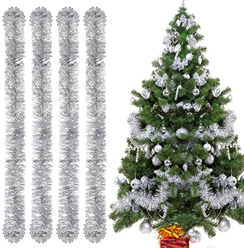 Guirlandes de Noël Métalliques Scintillantes - 4pcs Guirlandes Tinsel, 3m, pour Mariages, Anniversaires et Fêtes - Sapin et Murs - Argent
