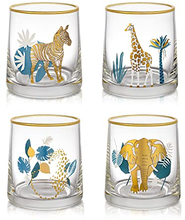 Joeyan 270ml Creative Drinking Glasses with African Animal Patterns - Set of 4 Gold Rimmed Decal Water Glasses - Novelty Whiskey Tumblers for Wine, Cocktail, Rum, Liquor and Beverages