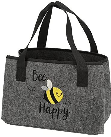 Geschenkestadl Filztasche grau Aufbewahrung Biene Bee Happy Stickerei Tragetasche Einkaufstasche Faltbar