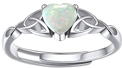 Sterling Silver Celtic Knot Ring with White Opal, Adjustable Open Round Solitaire Opal Ring for Women Girls, Anniversary Birthday Gifts for Girls Mom Wife Lady Daughter Her