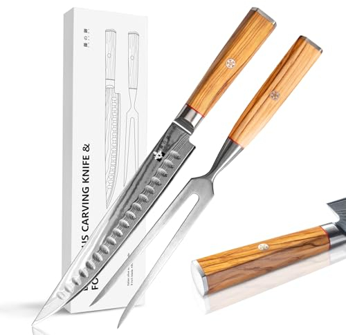 FUJUNI Set de Cuchillos Para Trinchar 2 Piezas, Cuchillo Rebanador de 22,5cm y Tenedor, Cuchillo para Carne de Acero Damasco de 67 Capas, Núcleo de Corte VG10 con Mango de Madera de Olivo