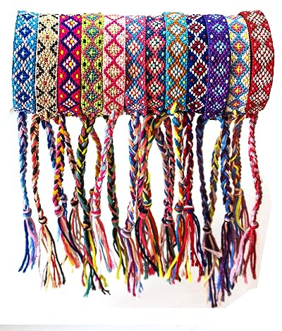 Tangser Woven Friendship Bracelets - Adjustable Nepal & Mexico Wave Anklets - 0.45 Inch Width - Diamond-Shaped Design - 12 Colorful Braided Bracelets for Best Friends, Kids, Women, Girls, and Men - Boho Surfer Beach Party VSCO Style