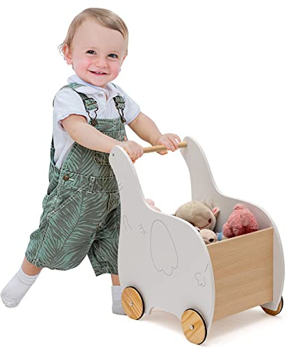 DREAMADE 2 en 1 Trotteur Bébé avec Coffre à Jouets,Chariot de Marche en Bois 1+Ans,Jouet Educatif Éléphant avec Roues et Poignée Antidérapantes pour Garçon Fille (Blanc)