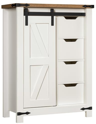 HOOBRO Bathroom Storage Cabinet, Farmhouse Cabinet with Sliding Barn Door, Adjustable Shelf and 4 Drawers, 11.8 D x 23.6 W x 31.9 H, Freestanding for Bathroom, Kitchen, White and Walnut