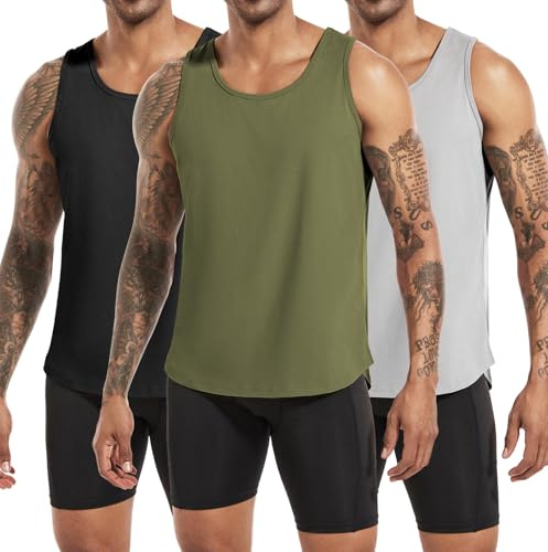 Boyzn 3 Pack Men's Cotton Running Tank Tops, Workout Bodybuilding Sleeveless T-Shirts, Summer Athletic Gym Fitness Vests Tops, Quick Dry Sports Vest Tops Training Muscle Shirts Black/Gray/Green-3P03-M